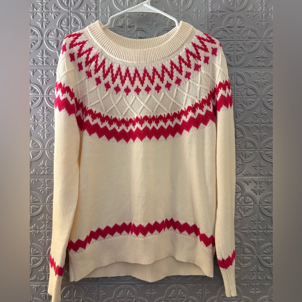 Style & Co Fair Isle Knit Sweater Cream/Red Size Large